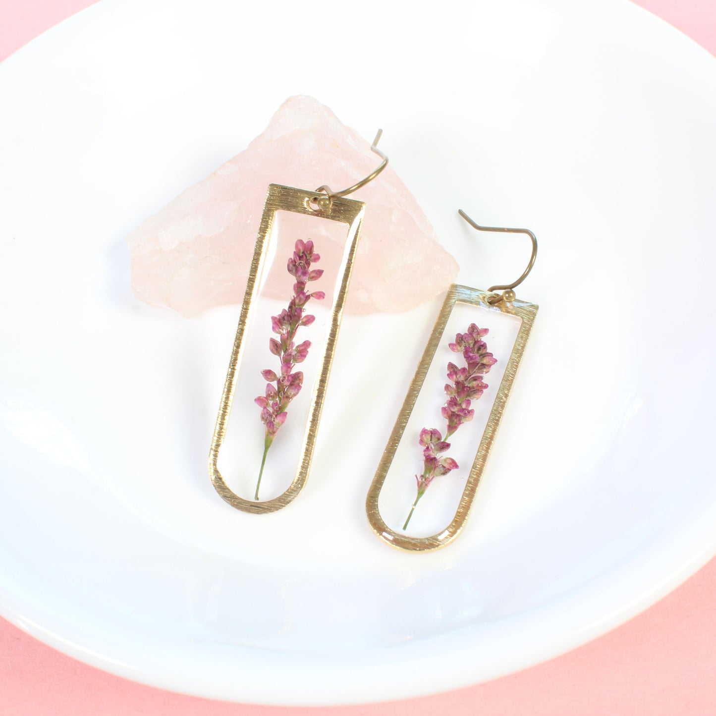 Purple pressed flower earrings, long oval resin dangle earrings, pepperweed, brass, handmade jewelry, nature lover gift, natural wildflower