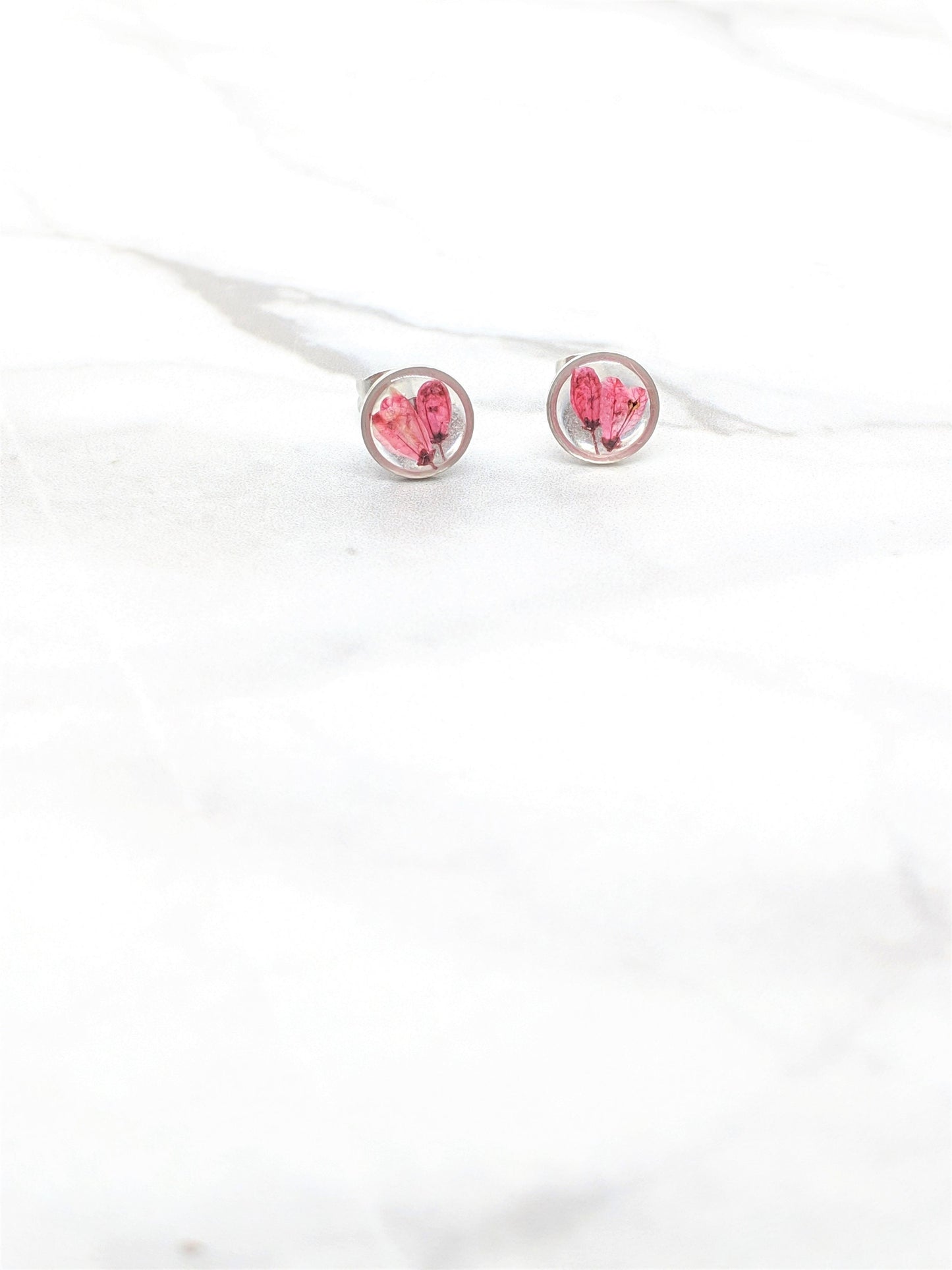 Tiny Real Pressed Flower Earrings, Silver Circle Studs with Dark Rose Pink Flowers, Minimalist, Small wildflower earrings, titanium posts