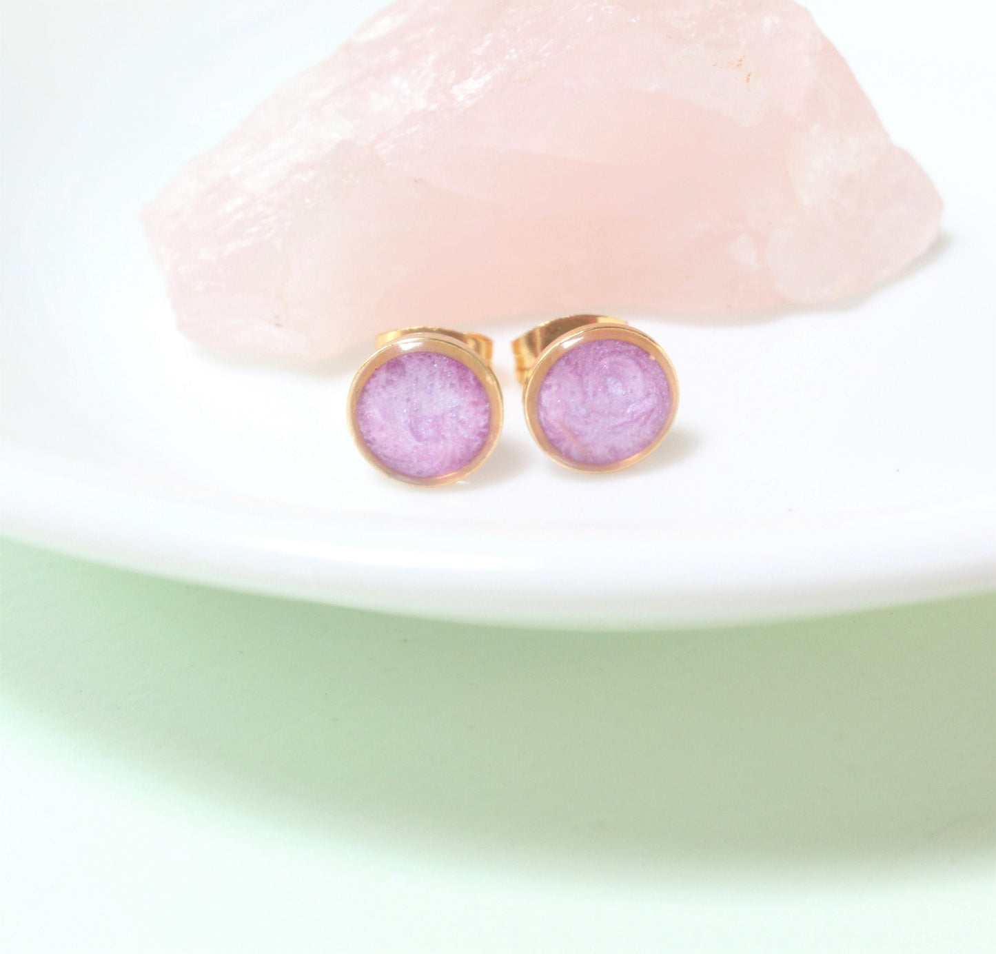 Small Modern Minimalist Lavender Studs | Resin Post Earrings | Hypoallergenic Titanium | Geometric | Gold Circles Lilac Mauve | Accent Posts