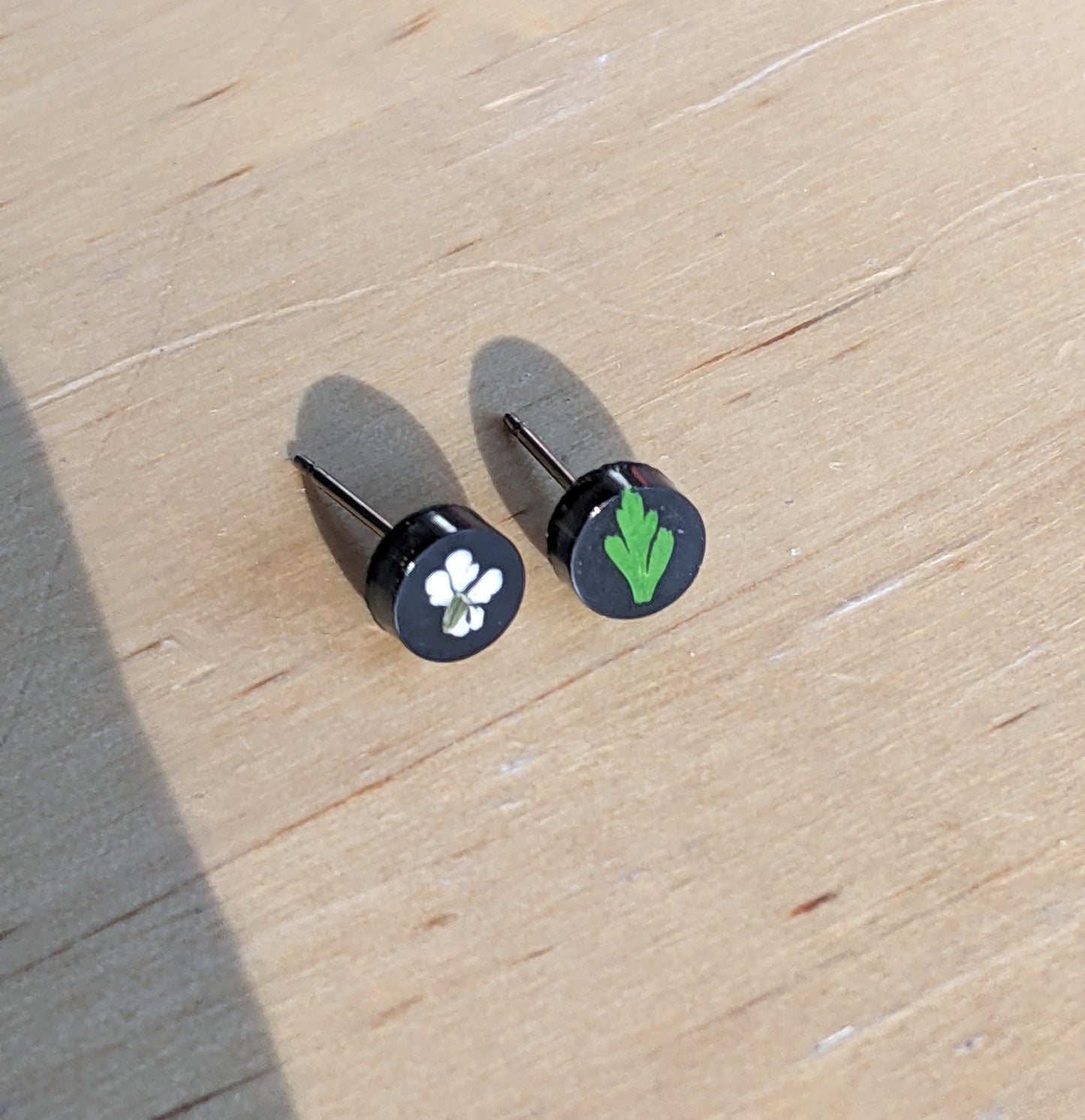 Teeny tiny studs, leaf earrings, white flower post earrings, black, nature jewelry, handmade resin earrings, fern earrings, small, little