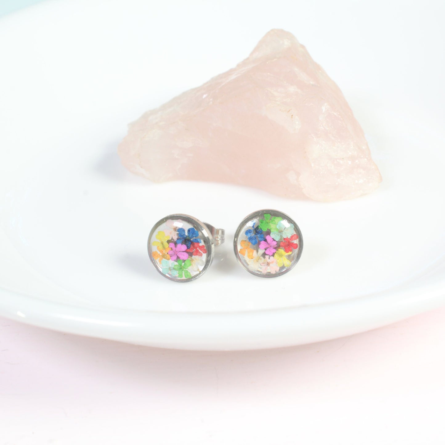 Gold rainbow earrings, pressed flower resin jewelry, colorful circle studs, hypoallergenic titanium, handmade post earrings, dried flowers