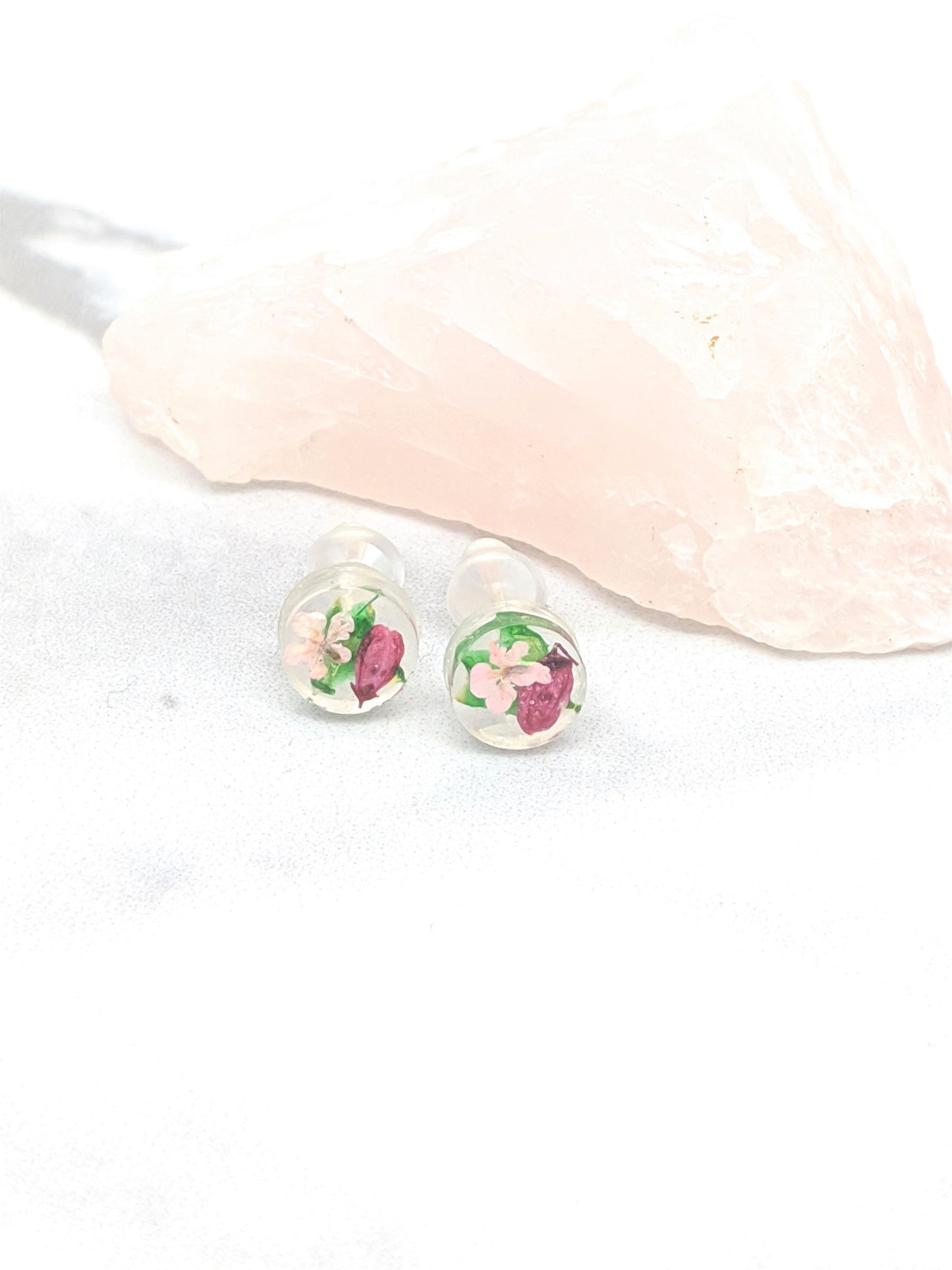 Pressed Flower Earrings, Teeny Tiny Post Earrings in Magenta, Light Pink, and Green, Real Flower Jewelry , Minimalist Posts, Titanium studs