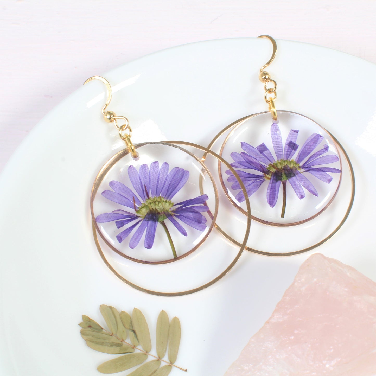 Pressed flower earrings, Aster, large dangle earrings, purple daisy, September birth flower jewelry, handmade botanical plant wildflower