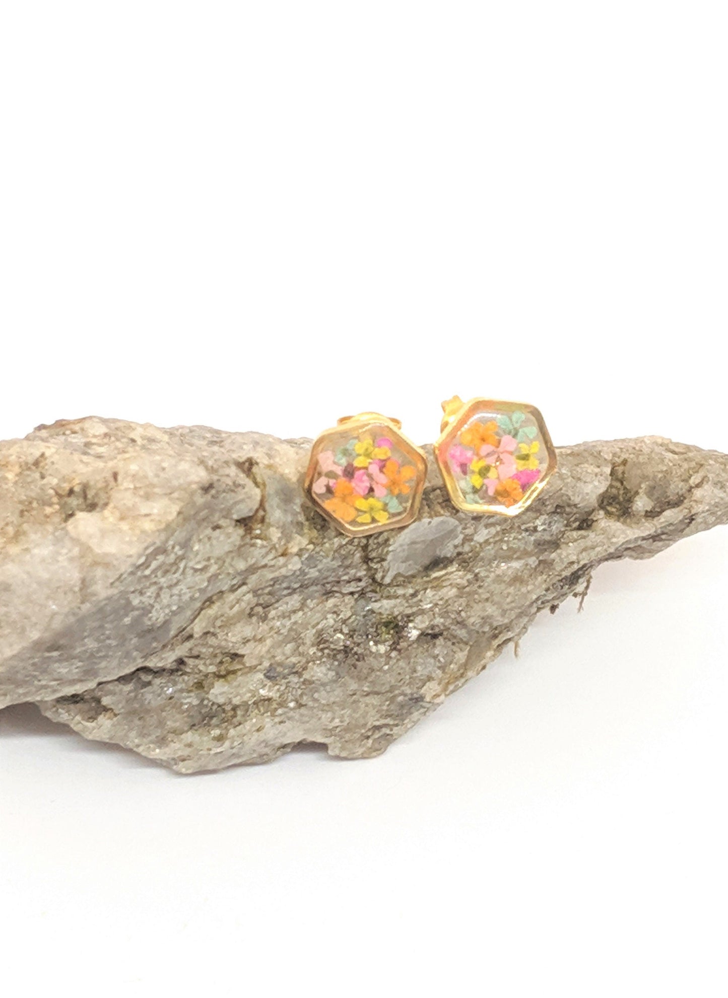 Real Pressed Flower 24K Gold Plated Hexagon Stud Earrings, Pastel Cotton Candy Colors, Dry Flower Jewelry, Titanium posts, Botanical
