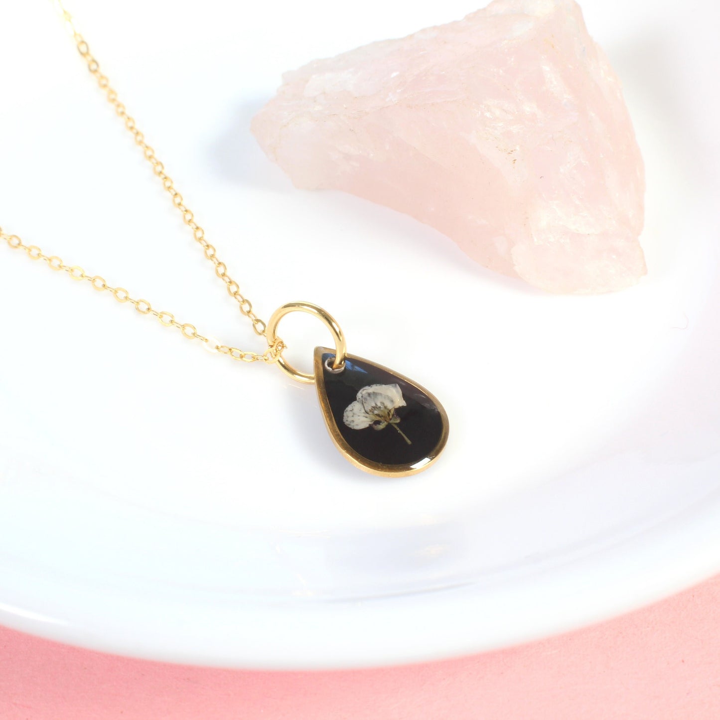 Tiny gold pressed flower necklace, natural white flower, handmade resin pendant, black, botanical jewelry, small, dainty, wildflower, plant