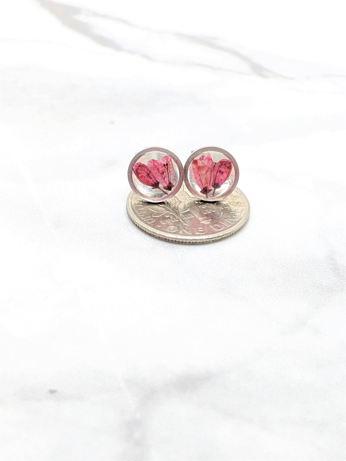 Tiny Real Pressed Flower Earrings, Silver Circle Studs with Dark Rose Pink Flowers, Minimalist, Small wildflower earrings, titanium posts