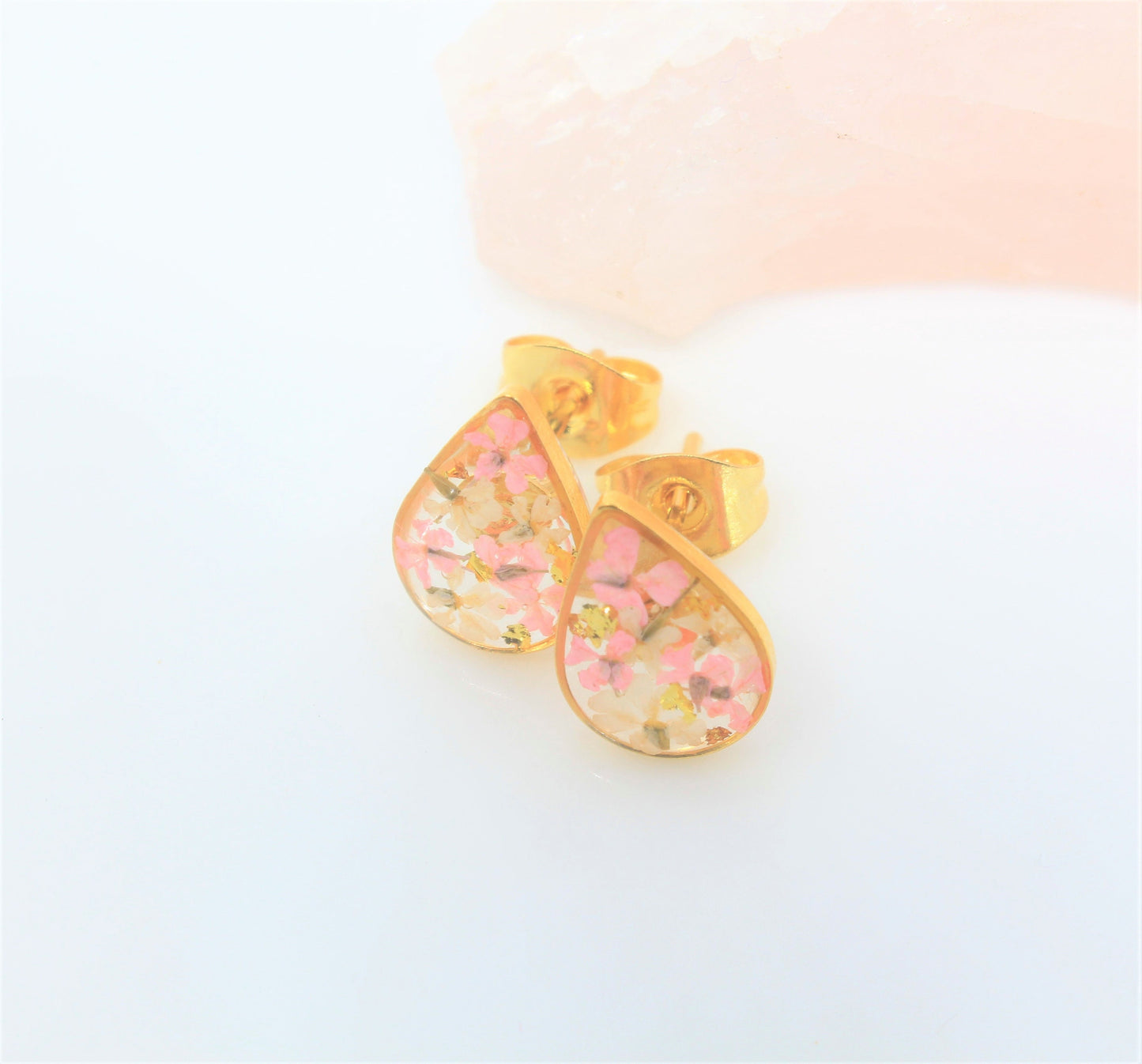 Pressed Flower Studs, Blush Pink, White, Gold Leaf Detail, Real Dry Flower Jewelry, Pressed Flower Post Earrings, Pressed Flower Jewelry