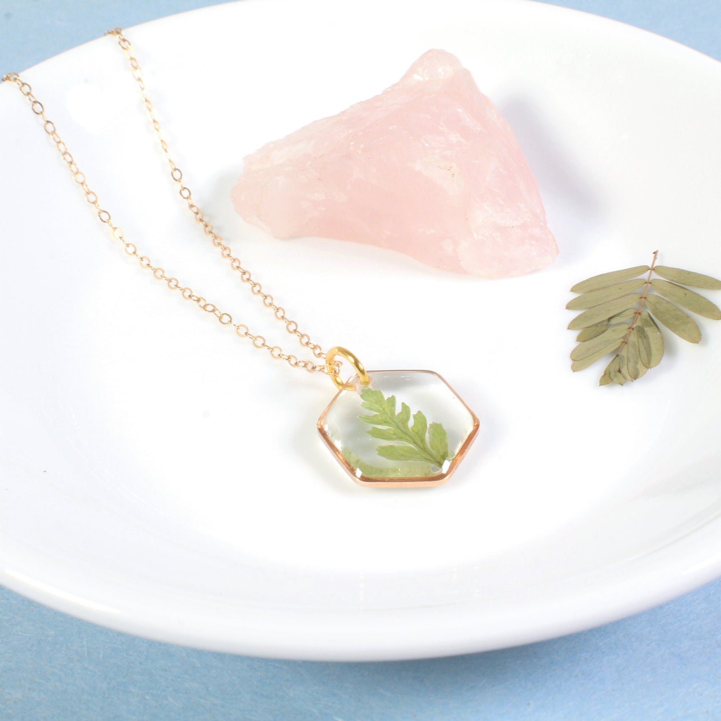 Real Fern Leaf Necklace, Small Hexagon Resin Jewelry, Pressed Flower Necklace, Handmade Fall Jewelry, Plant Lover Gift Dainty Nature Pendant