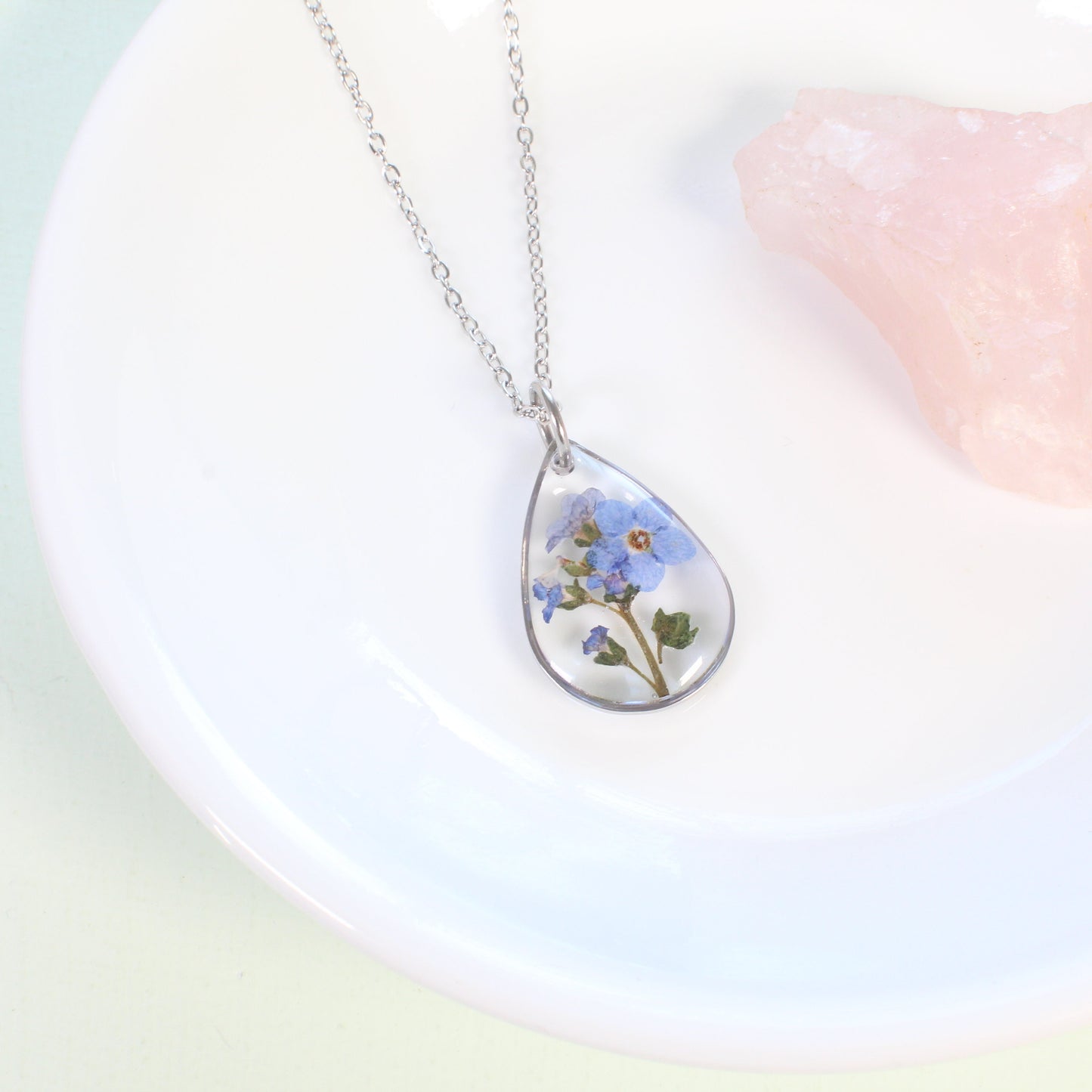 Pressed flower jewelry set, real blue forget-me-not necklaces, studs, dangles, Mother's Day gift, Anniversary gift, resin, forget me not