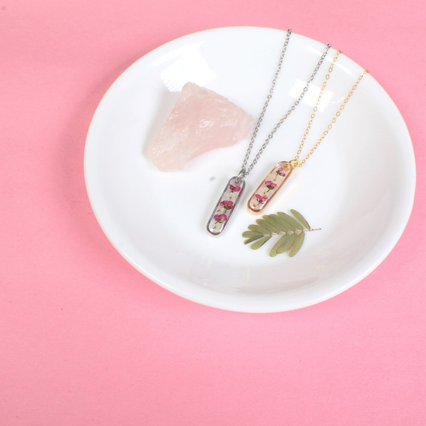 Dainty Pressed Flower Necklace, Oval Silver Bar, Real Dark Pink Dried Wildflowers, Resin, Pill Shaped Small Nature Pendant, Plant Jewelry