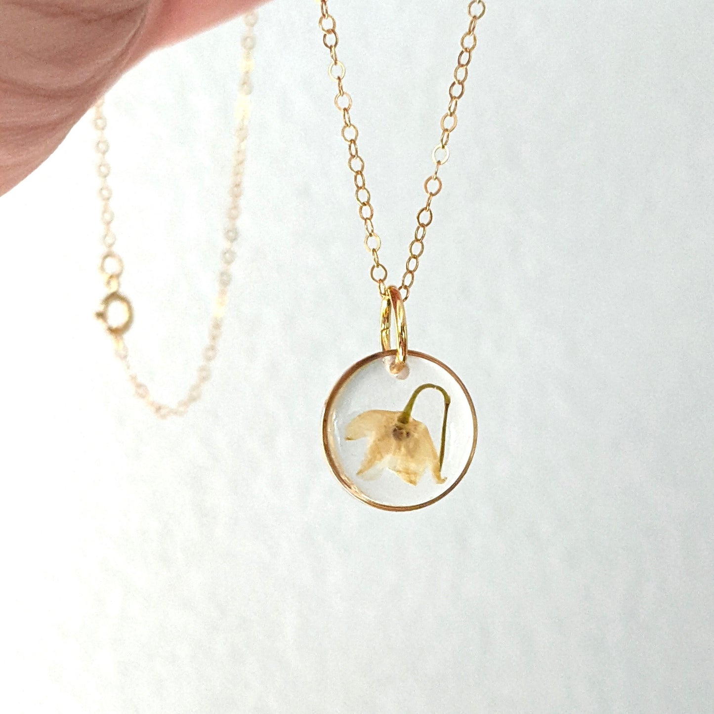Lily of the Valley Necklace, May birth flower, beige pressed flower pendant, natural jewelry, handmade resin preserved wildflower jewelry