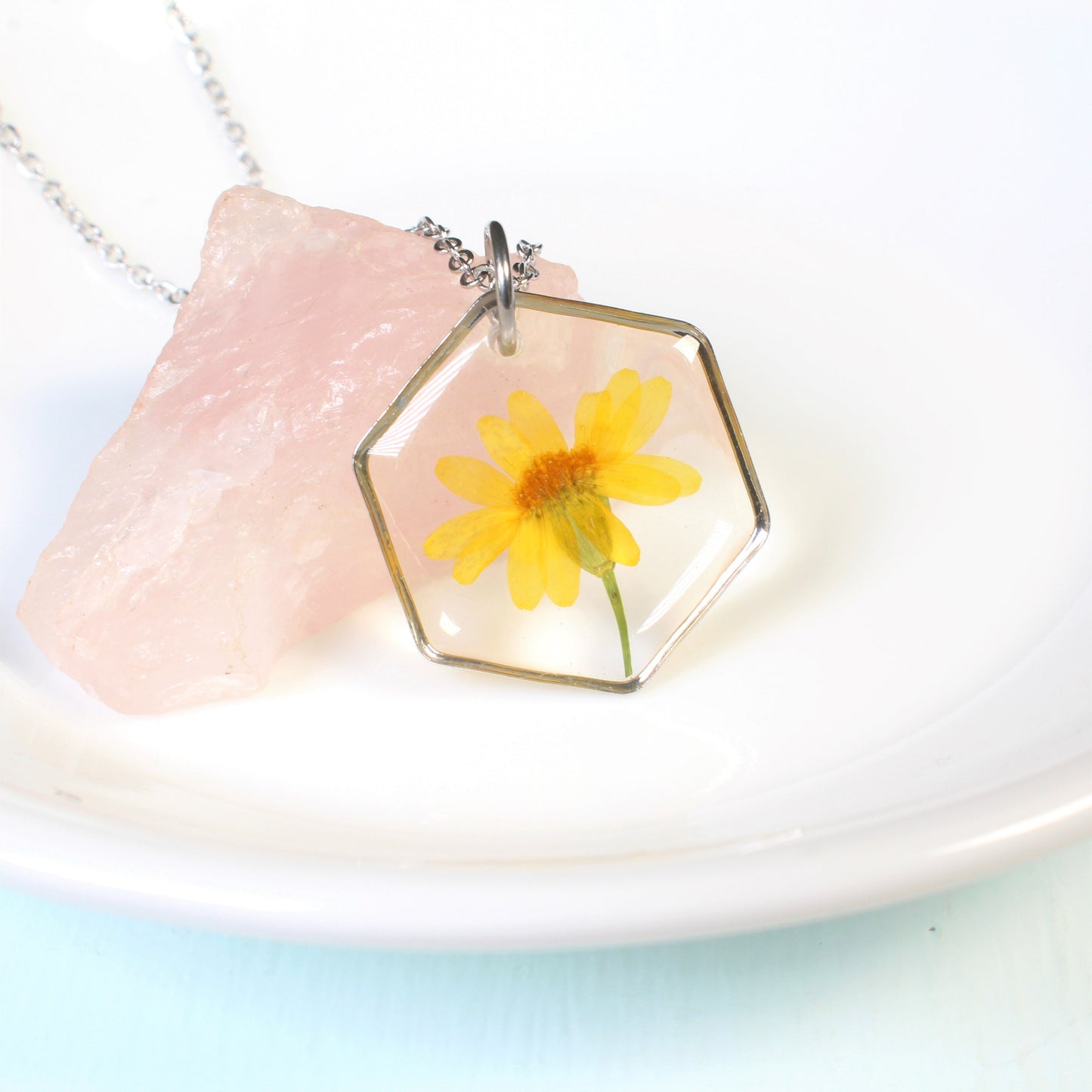 Yellow pressed flower necklace, resin daisy pendant, real dried wildflower jewelry, hexagon, handmade, daffodil, March birth flower jewelry