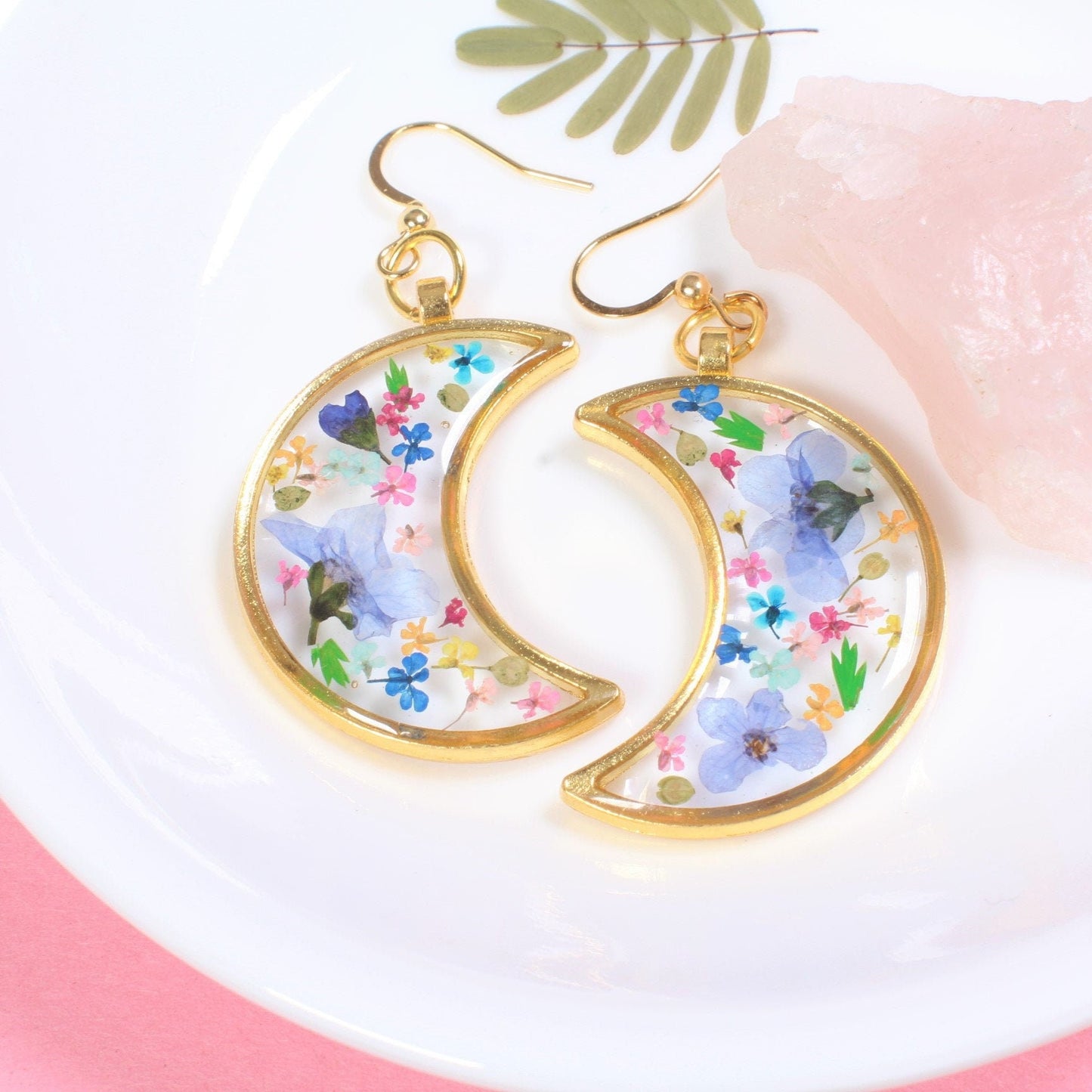 Pressed Flower Moon Earrings, Large Gold Floral Dangle, Resin, Forget me not Flowers, Colorful Dried Flower Earring, Celestial Plant Jewelry