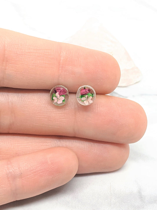 Pressed Flower Earrings, Teeny Tiny Post Earrings in Magenta, Light Pink, and Green, Real Flower Jewelry , Minimalist Posts, Titanium studs