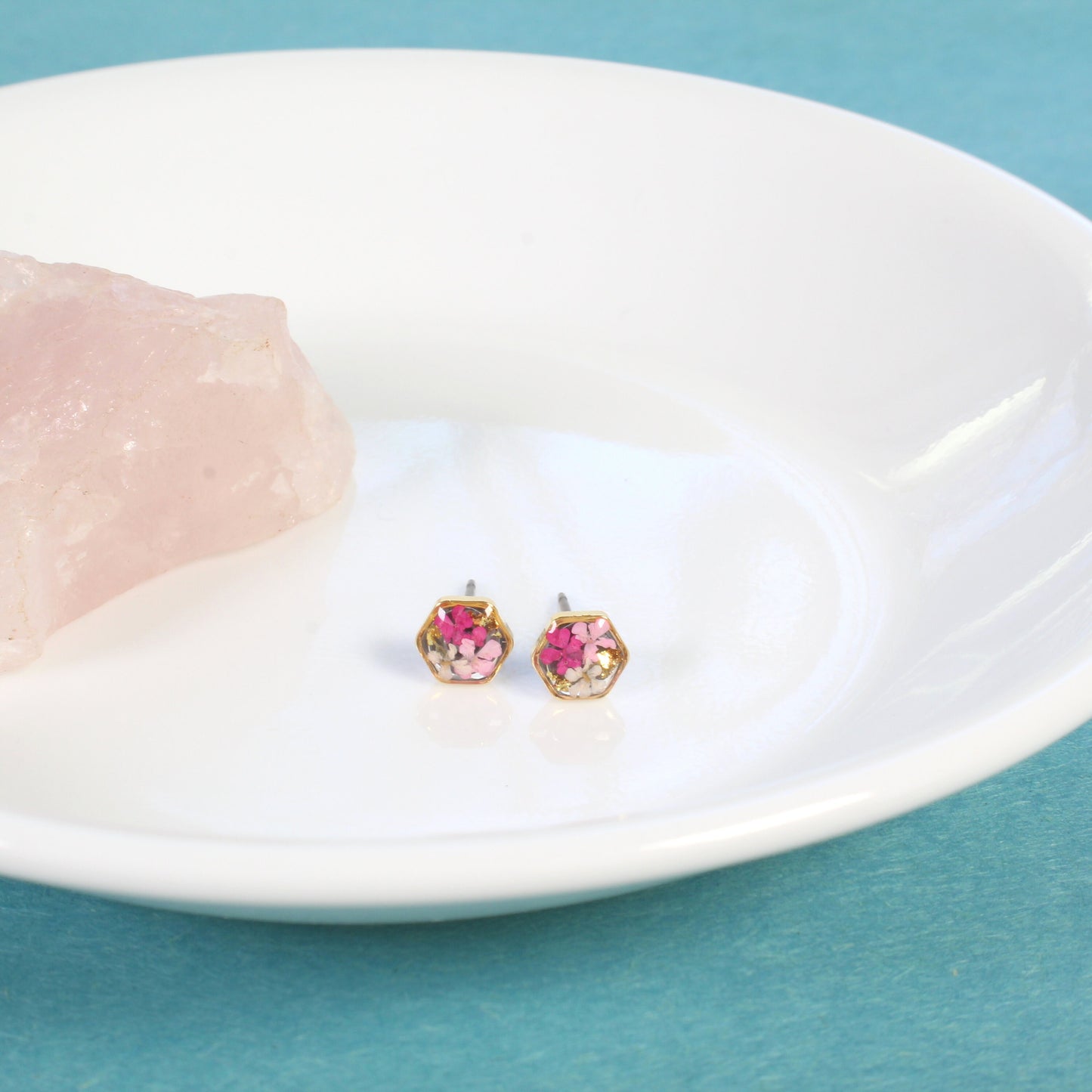 Tiny pressed flower earrings, pink resin studs, micro jewelry, handmade hexagon post earrings, hypoallergenic titanium, teeny, gold, silver