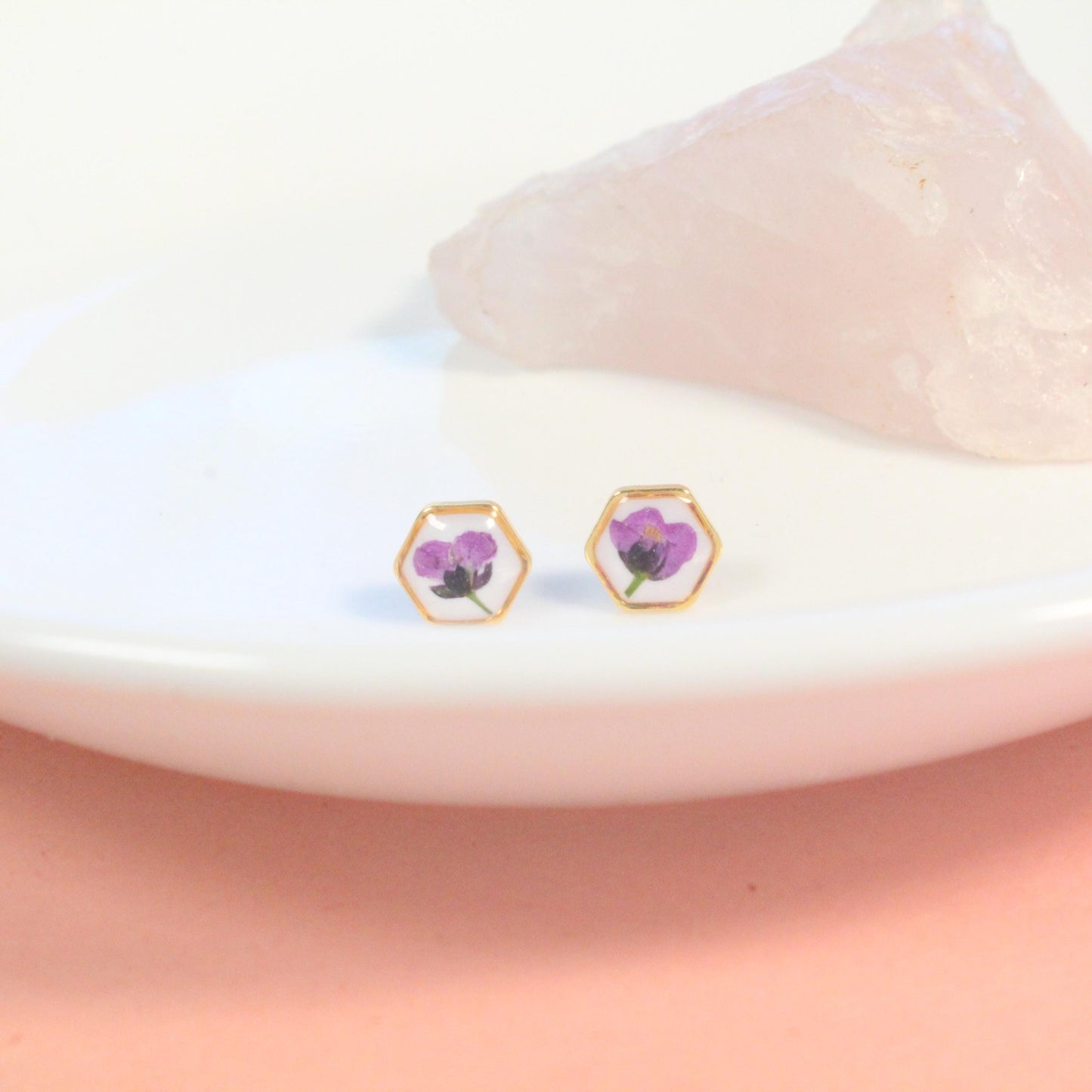 Teeny tiny gold pressed flower earrings, hexagon titanium studs, botanical plant jewelry, nature lover gift, dry flower resin posts, purple
