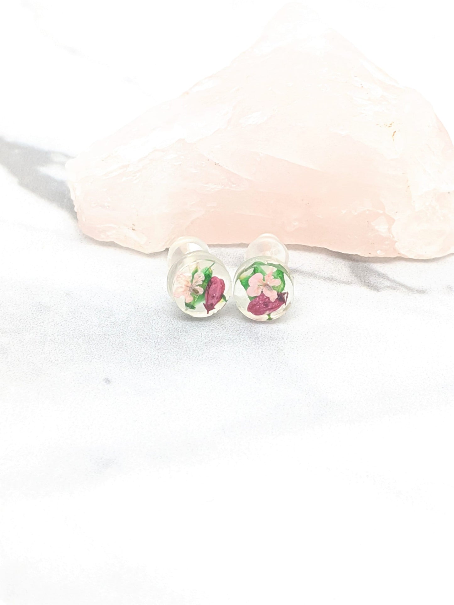 Pressed Flower Earrings, Teeny Tiny Post Earrings in Magenta, Light Pink, and Green, Real Flower Jewelry , Minimalist Posts, Titanium studs