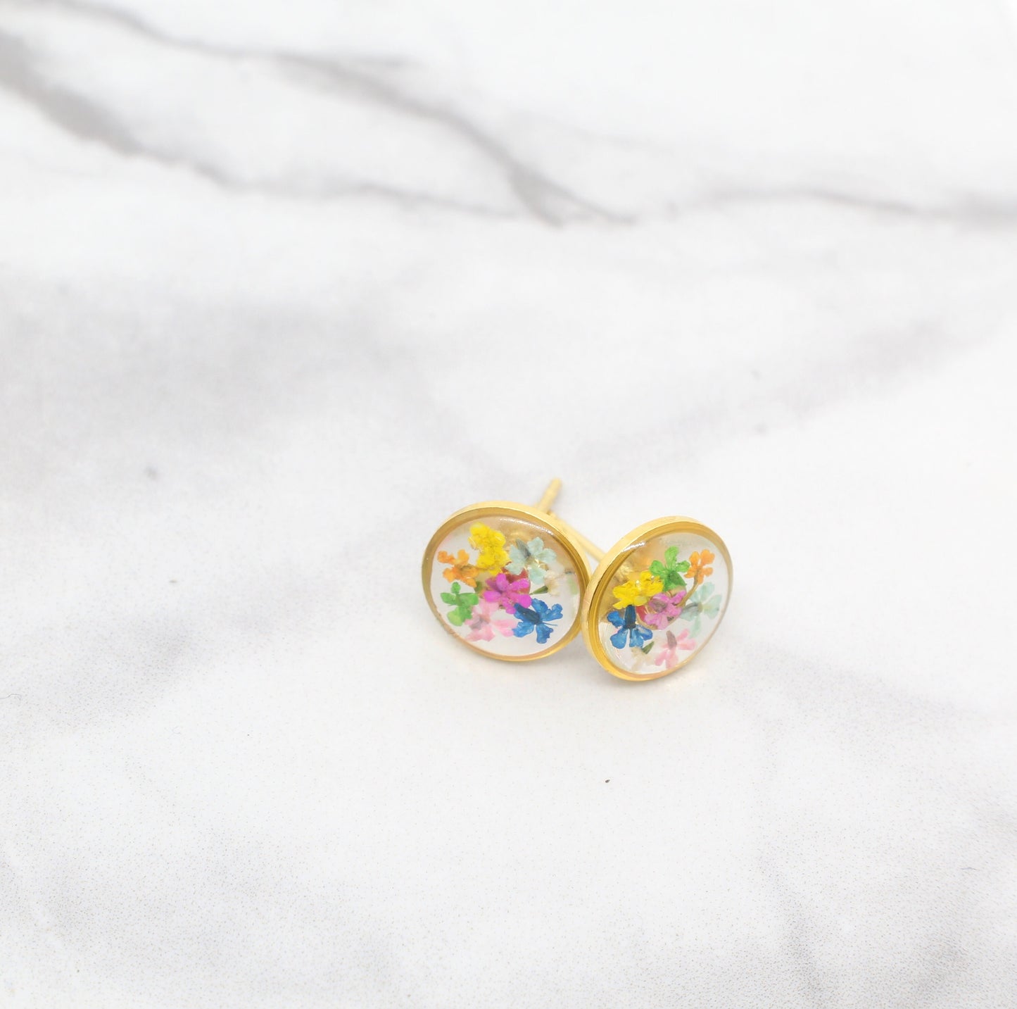 Gold rainbow earrings, pressed flower resin jewelry, colorful circle studs, hypoallergenic titanium, handmade post earrings, dried flowers