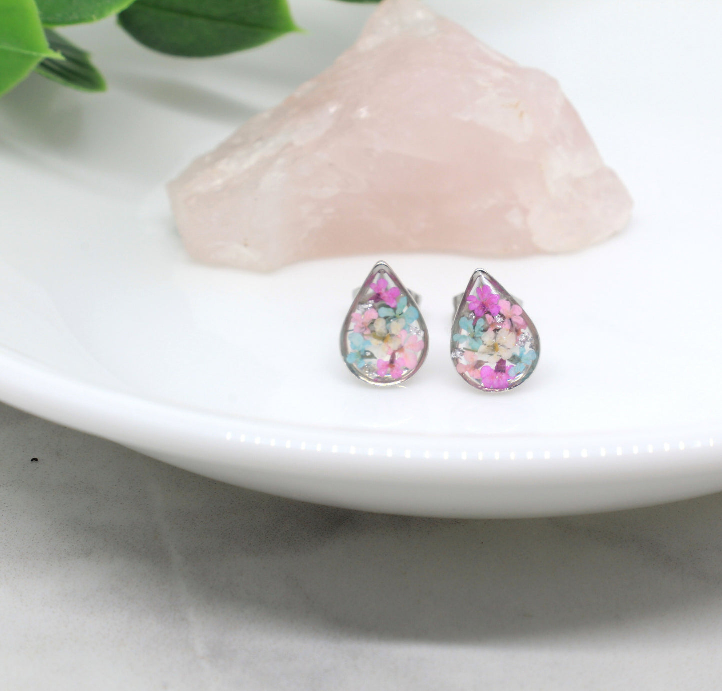Real Pressed Flowers Silver Teardrop Post Earrings in Pastel Pink Blush and Baby Blue, with Silver Flecks