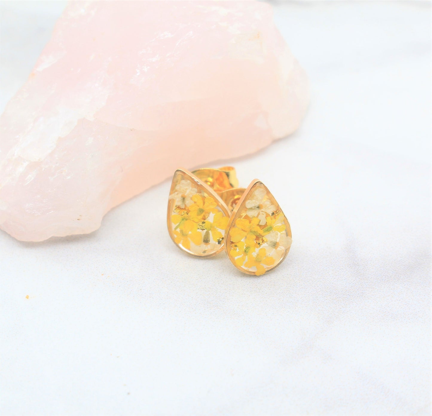 Pressed Flower Studs, Yellow, White, Gold Teardrop Posts, Dry Flower Earrings, Pressed Flower Jewelry, Real Flowers Jewelry, Pressed Flowers