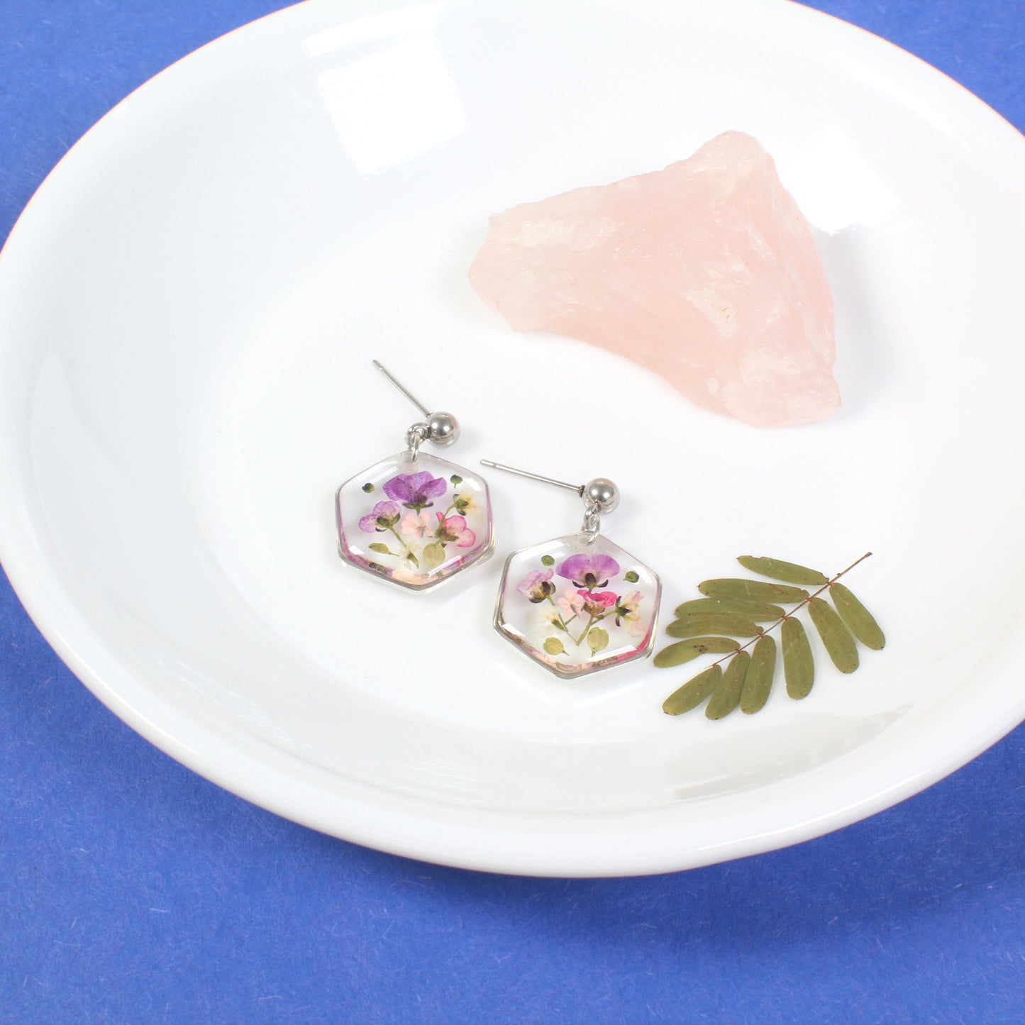 Real Pressed Flower Dangle Earrings, Hexagon Bouquet Ball Post Studs, Resin Dried Flower Jewelry, Geometric Plant Handmade, Botanical Nature