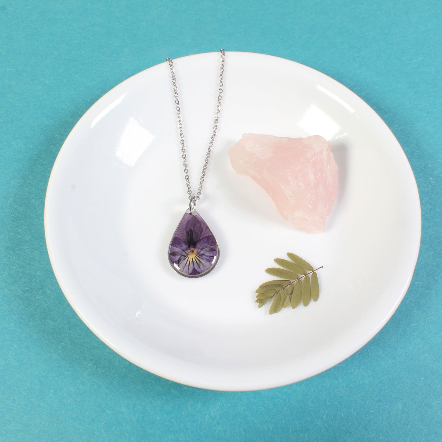 Violet necklace,  Small pressed flower pendant, real pansy viola, resin, handmade botanical teardrop necklace, February birth flower, nature