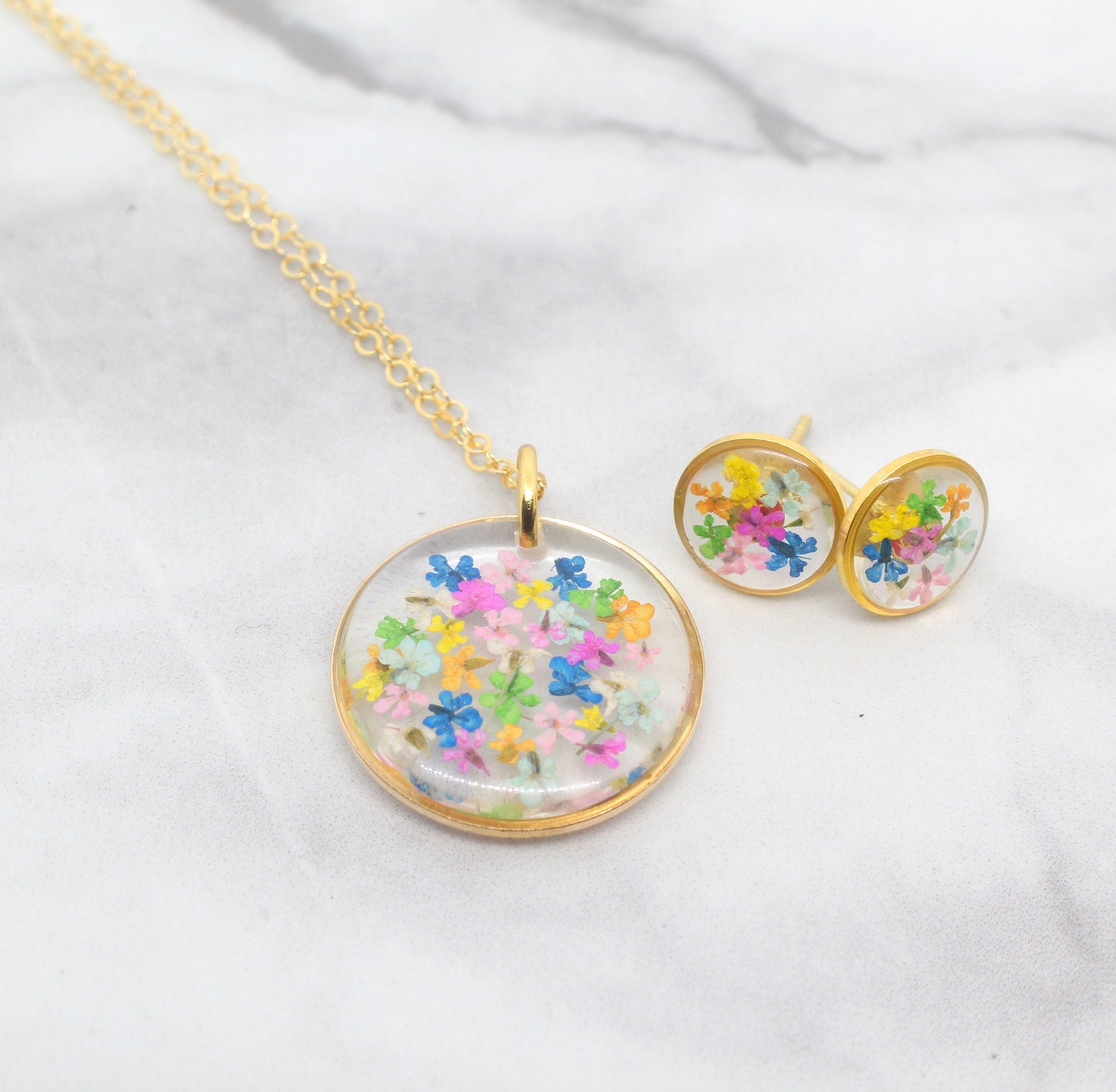 Gold rainbow earrings, pressed flower resin jewelry, colorful circle studs, hypoallergenic titanium, handmade post earrings, dried flowers