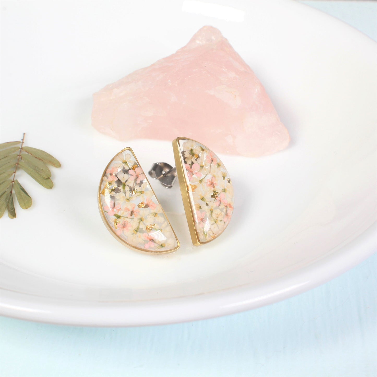 Pressed Flower Semicircle Earrings, Half Moon Resin Studs, Handmade Blush and White Dried Queen Anne's Lace, Hypoallergenic Titanium, Plants
