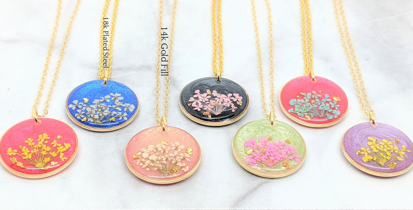Pressed Flower Necklace, Small Real Flower Jewelry, Blush Pink, Blue, Lavender, Neon Pink, Mint, Black, Resin Lace Pendant, Colorful, Circle