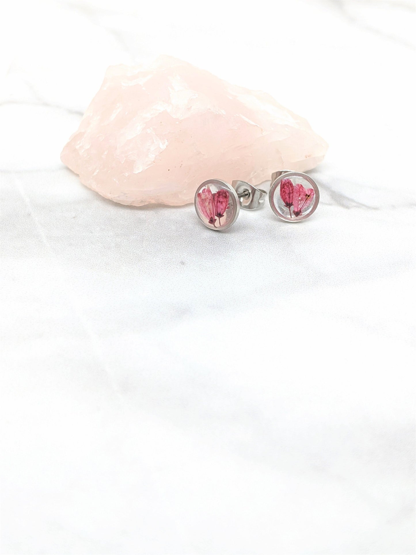 Tiny Real Pressed Flower Earrings, Silver Circle Studs with Dark Rose Pink Flowers, Minimalist, Small wildflower earrings, titanium posts