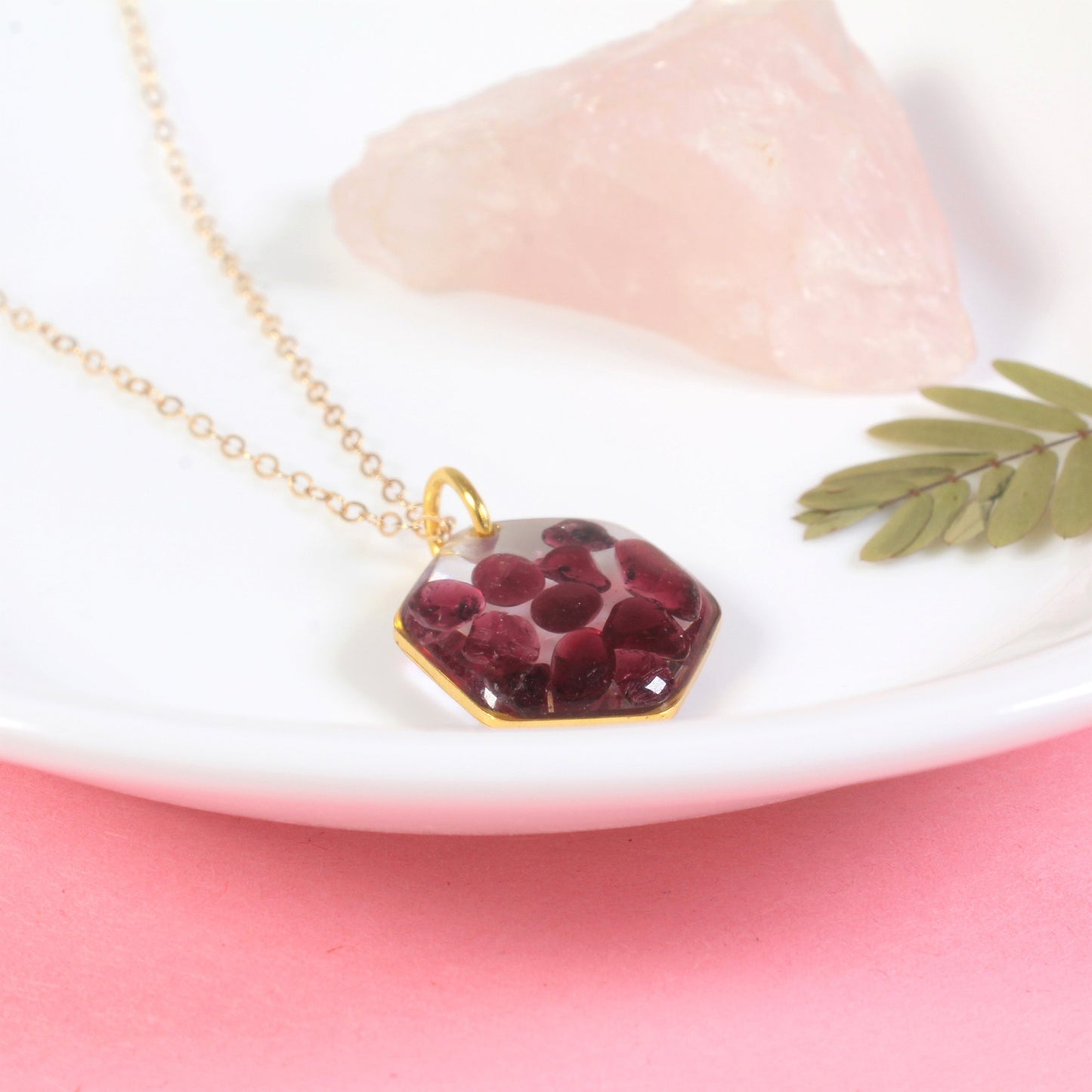Garnet necklace, small red gemstone jewelry, January birthstone necklace, resin crystal pendant, handmade red garnet jewelry, scarlet, boho