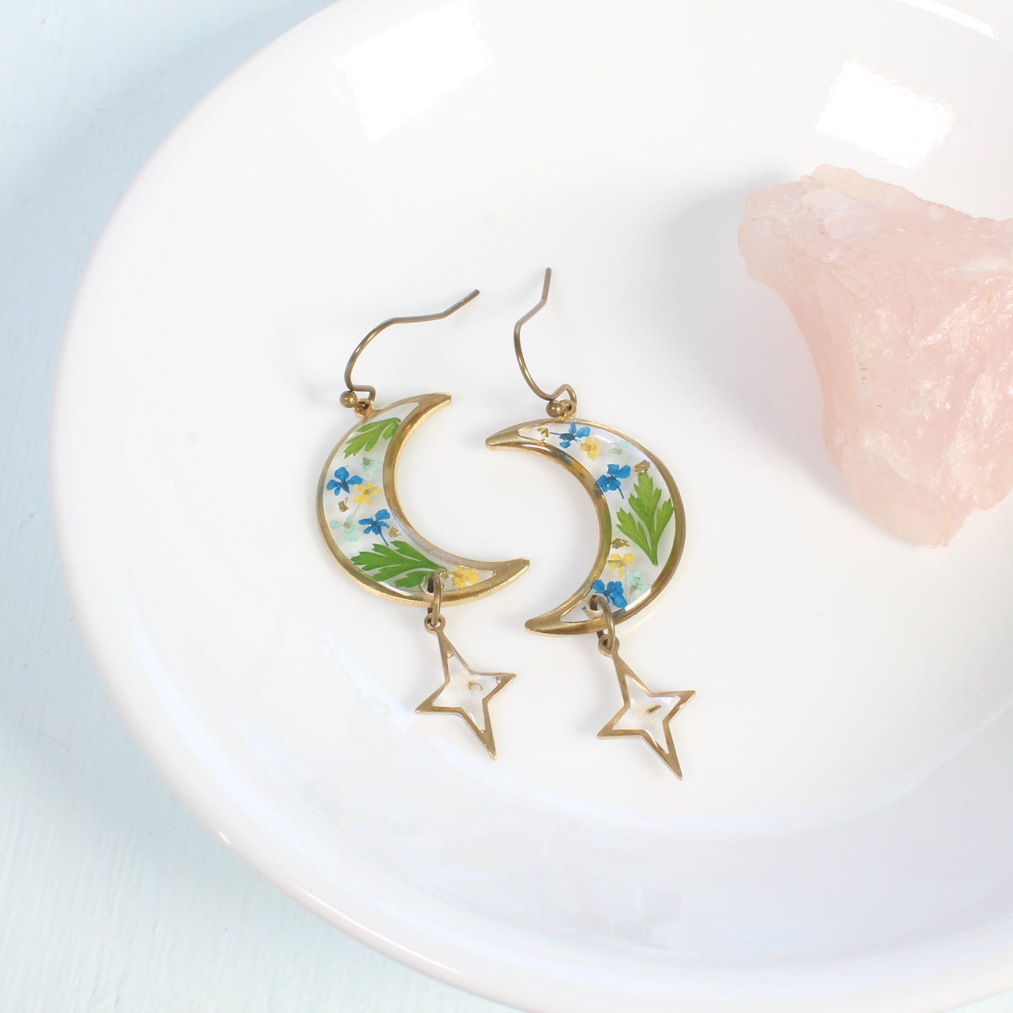 Pressed flower moon and star earrings, resin dried flower dangles, botanical lunar jewelry, handmade, celestial, fern leaves, nature, brass