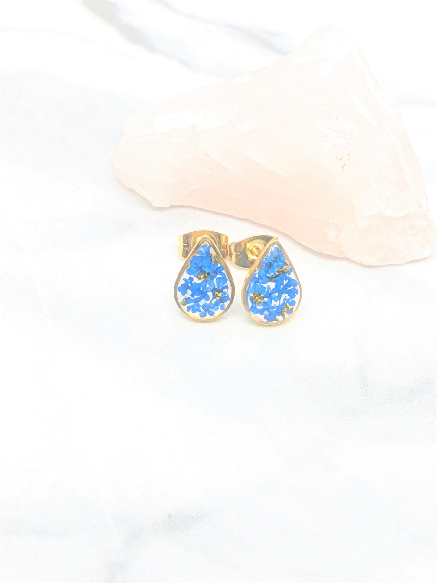 Pressed Flower Earrings, Navy Blue Gold Teardrop Studs, Dark Blue Posts, Pressed Flower Jewelry, Real Dried Flower Earrings, Pressed Flowers