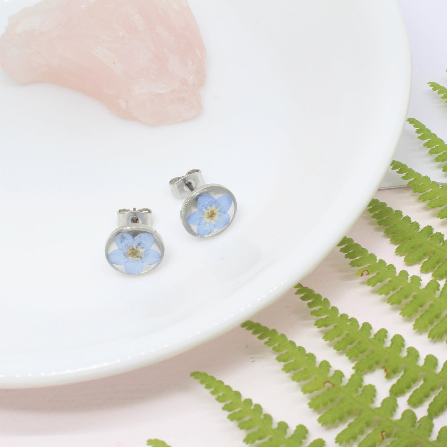 Pressed Flower Earrings, Blue Forget-me-not Studs, Silver Circle Earring, Hypoallergenic titanium Jewelry, Real DriyFlowers Resin Plant Stud