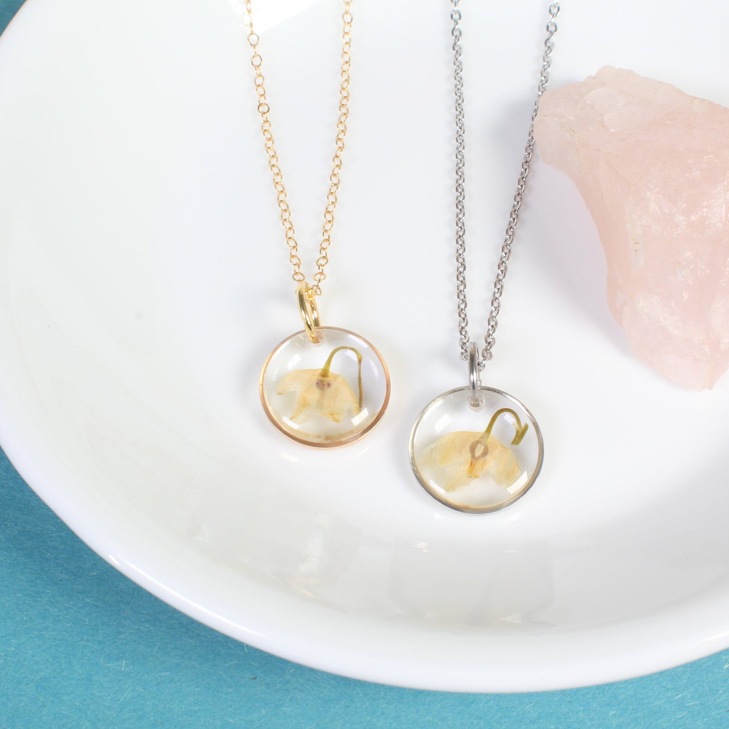 Lily of the Valley Necklace, May birth flower, beige pressed flower pendant, natural jewelry, handmade resin preserved wildflower jewelry
