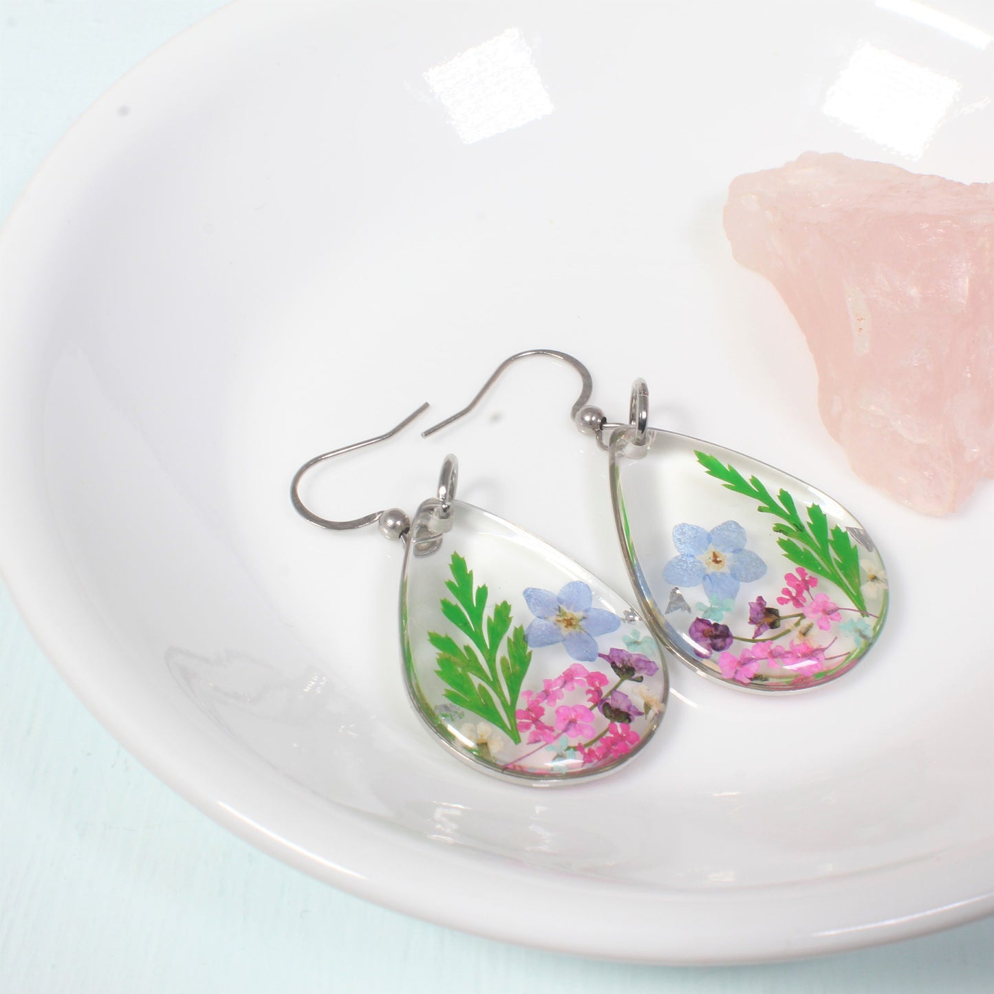 Pressed Flower Earrings, Large Teardrop Dangles, Dried Flower Jewelry, Resin Plant Earrings, Forget-me-not Earrings, Real Flower Jewelry