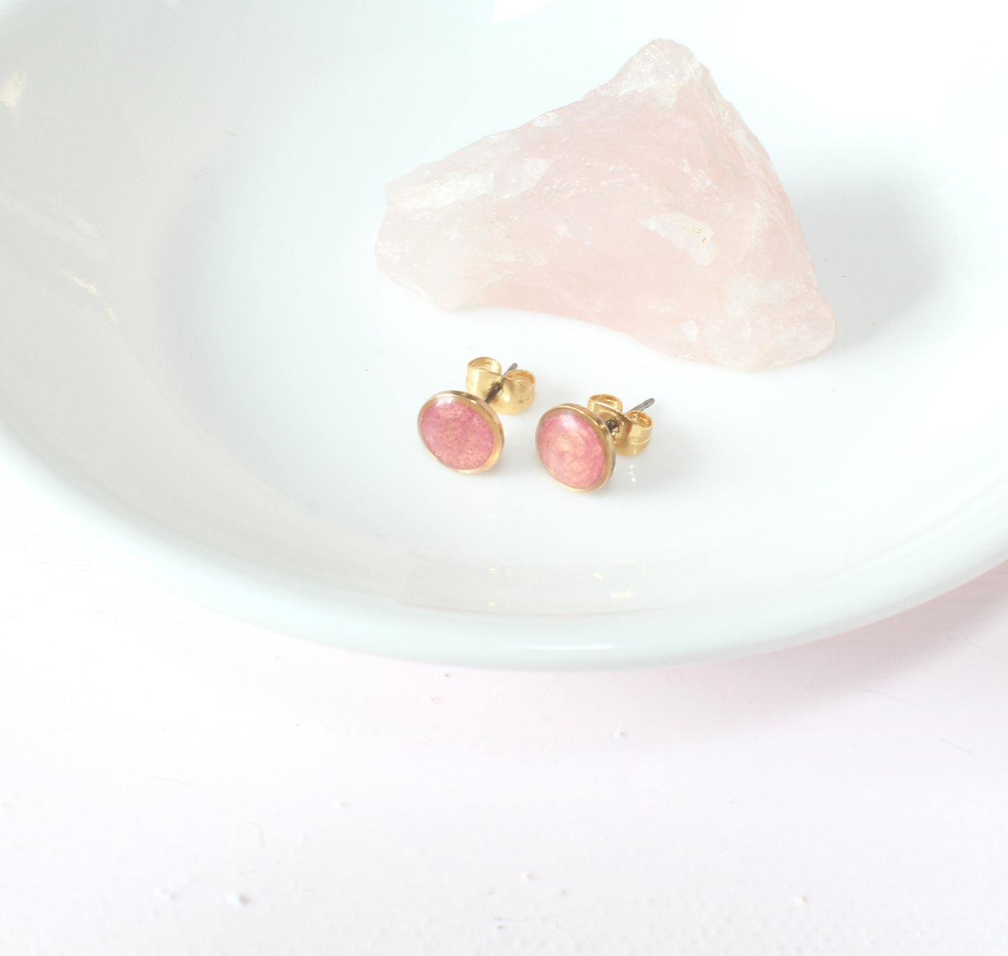 Small Modern Minimalist Blush Studs | Resin Earrings | Hypoallergenic Titanium | Geometric | Gold Circles, Peachy Blush | Layering Accent