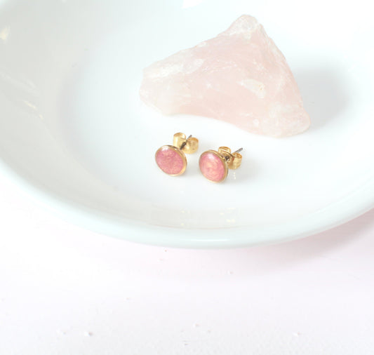 Small Modern Minimalist Blush Studs | Resin Earrings | Hypoallergenic Titanium | Geometric | Gold Circles, Peachy Blush | Layering Accent