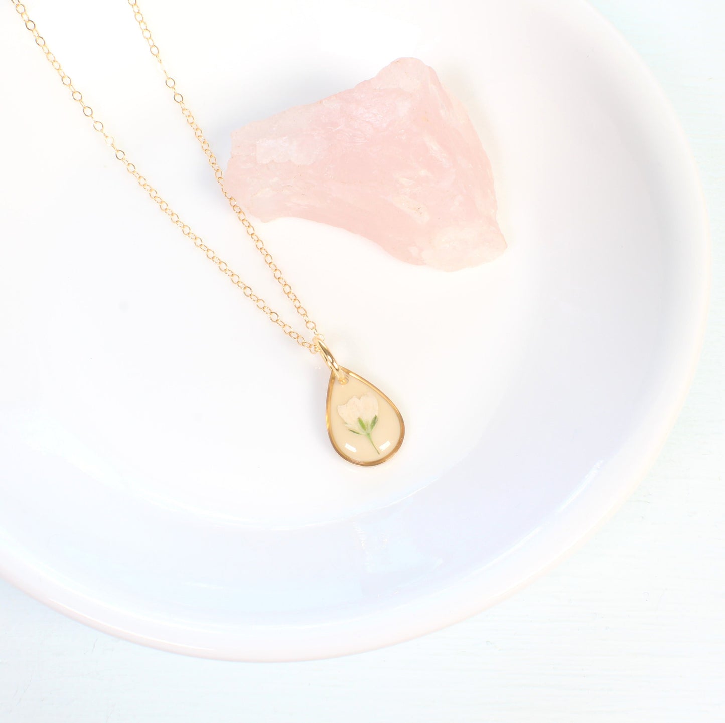 Dainty pressed flower necklace, natural botanical resin pendant, beige, green, white, baby's breath, fern, wildflower nature plant jewelry