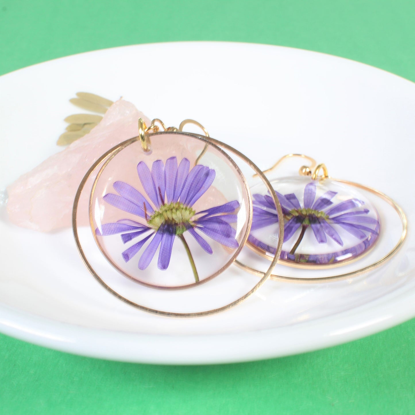 Pressed flower earrings, Aster, large dangle earrings, purple daisy, September birth flower jewelry, handmade botanical plant wildflower