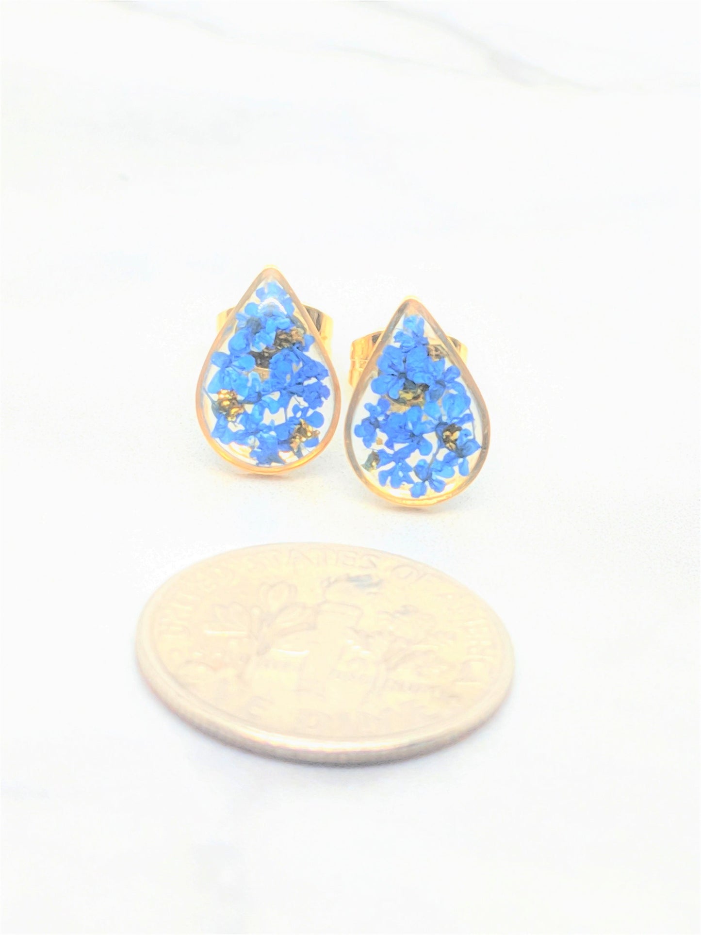 Pressed Flower Earrings, Navy Blue Gold Teardrop Studs, Dark Blue Posts, Pressed Flower Jewelry, Real Dried Flower Earrings, Pressed Flowers
