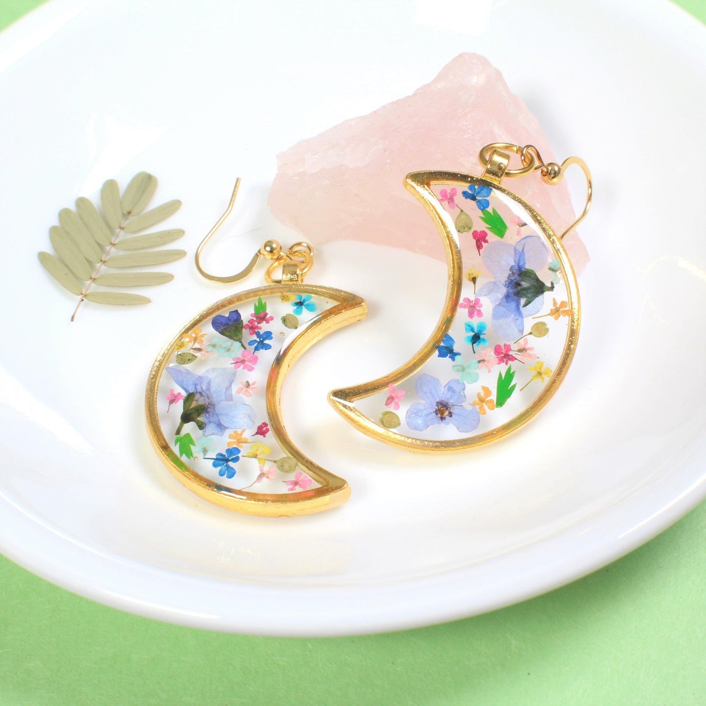 Pressed Flower Moon Earrings, Large Gold Floral Dangle, Resin, Forget me not Flowers, Colorful Dried Flower Earring, Celestial Plant Jewelry
