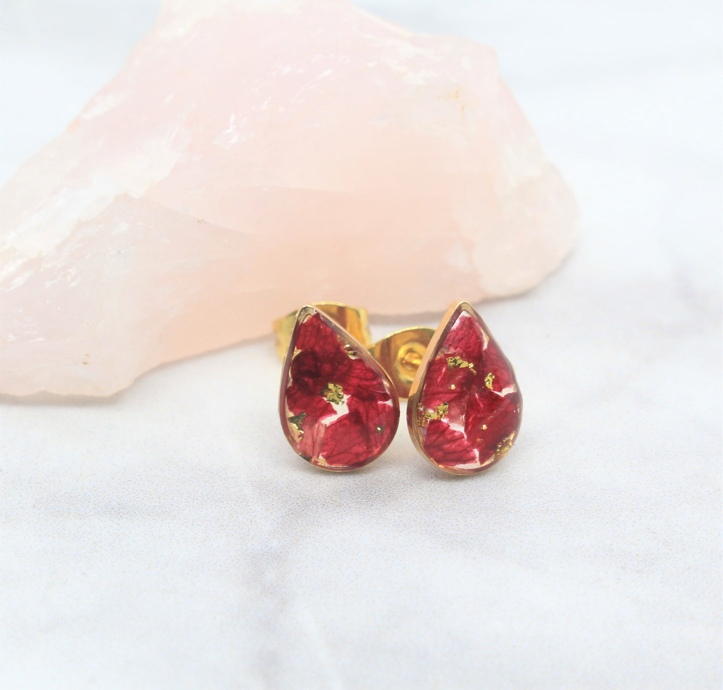 Real Pressed Flower Stud Earrings, Crushed Red Rose Petal Gold Teardrop Posts, Burgundy, Handmade Pressed Flower Jewelry, Bridal, Bridesmaid