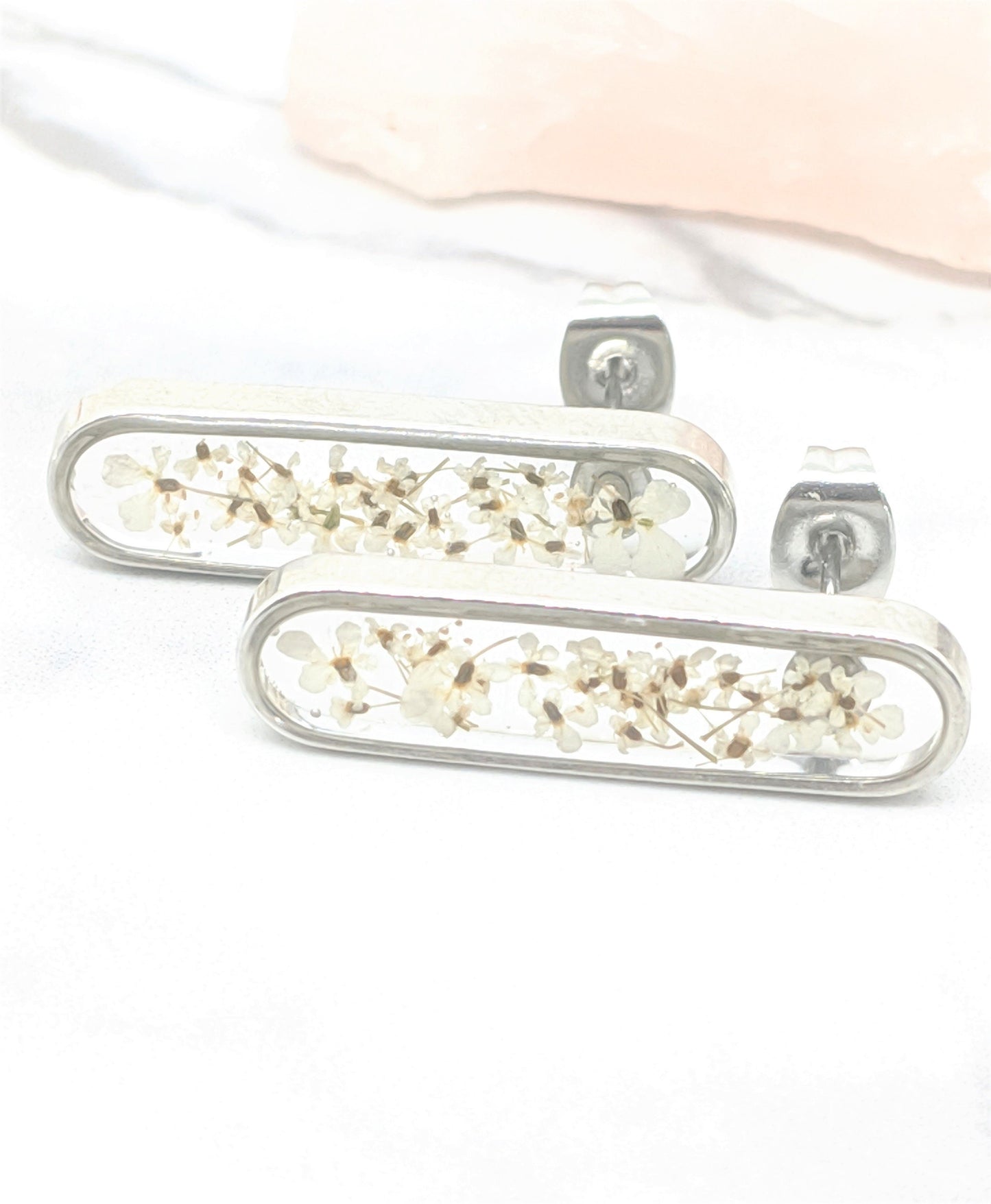 Real Pressed Flower Earrings - Oval Silver Bar Posts with White Wildflowers - Pressed Flower Jewelry