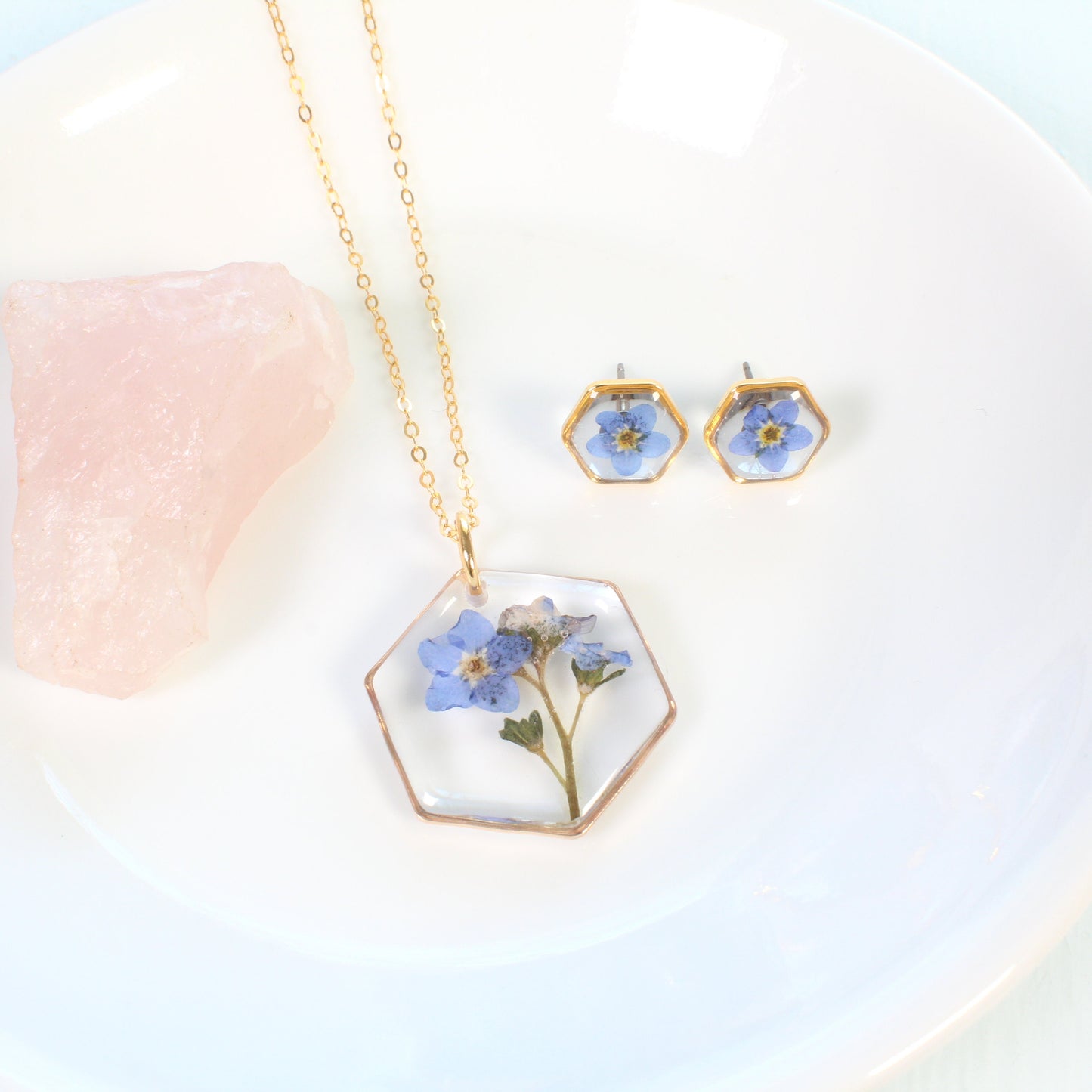 Pressed flower jewelry set, real blue forget-me-not necklaces, studs, dangles, Mother's Day gift, Anniversary gift, resin, forget me not
