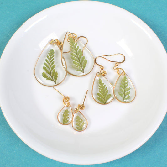 Fern Dangle Earrings, Pressed Leaf Teardrop Earrings, Real Plant Jewelry, Lightweight, Resin, Handmade, Pressed Flowers, Gold, Silver