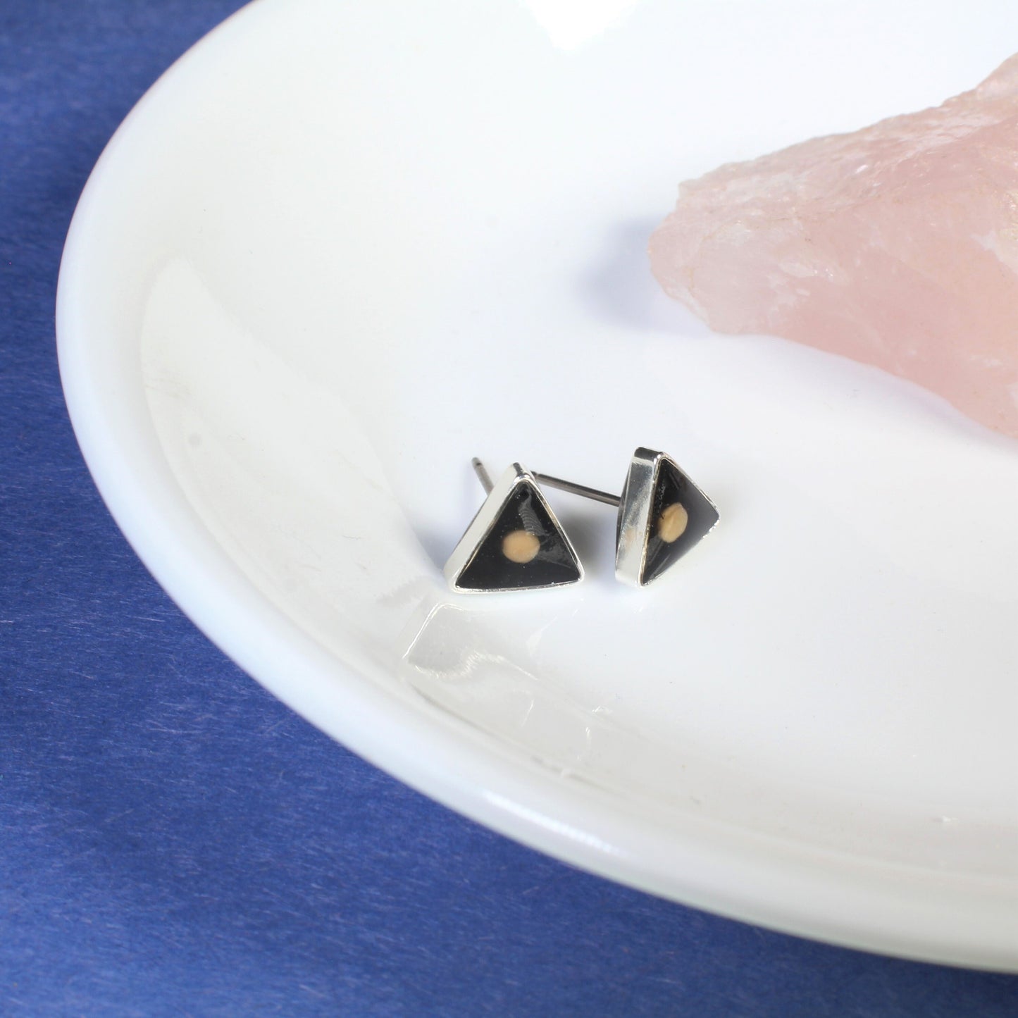 Mustard seed earrings, small triangle earrings, mountain faith studs, hypoallergenic titanium, Christian jewelry, handmade, resin, silver