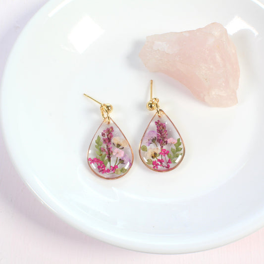 Wildflower earrings, pressed flower dangles, resin jewelry, handmade botanical teardrop studs, pink, purple, gold, silver, nature gift
