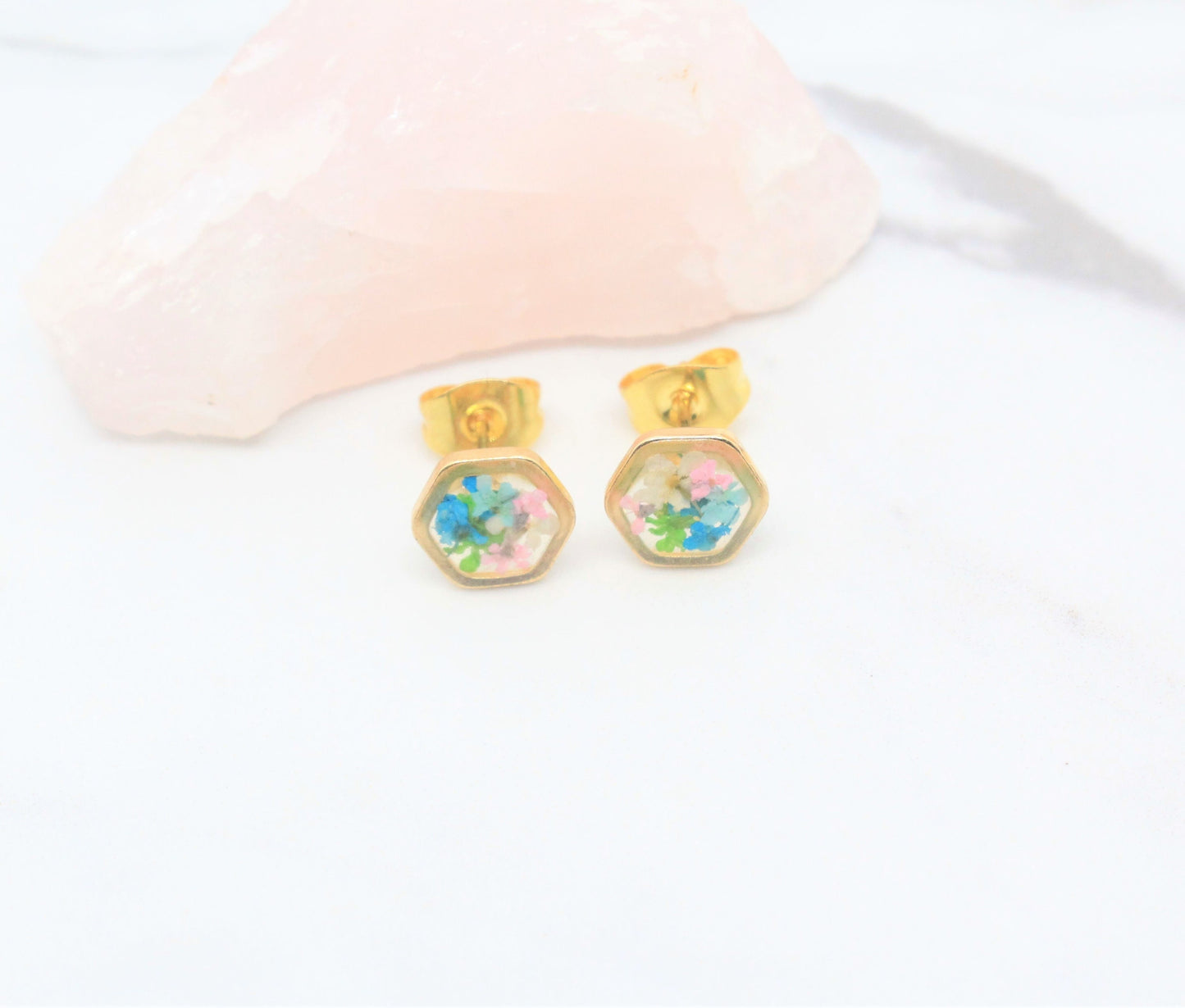 Tiny Pressed Flower Earrings, Gold Hexagon Stud, Minimalist Post, Small Green Pressed Flower Jewelry, Real Flower Jewelry,Pressed Flower