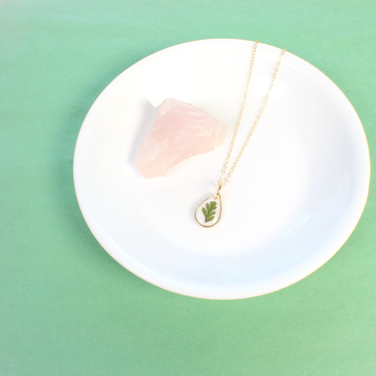 Dainty pressed flower necklace, natural botanical resin pendant, beige, green, white, baby's breath, fern, wildflower nature plant jewelry